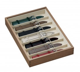Presentation tray for 7 watchstraps in compartments, walnut/grey 